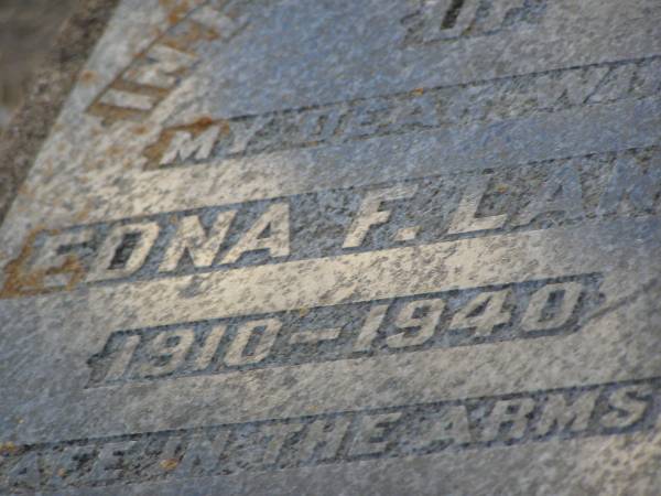 Edna F. LANGE,  | wife,  | 1910 - 1940;  | Greenwood St Pauls Lutheran cemetery, Rosalie Shire  | 