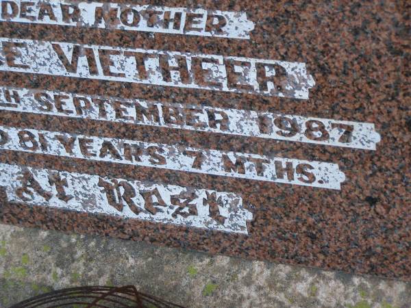 Walter Michael VIETHEER,  | husband father,  | died 24 Oct 1960 aged 59 years;  | Alice VIETHEER,  | mother,  | died 9 Sept 1987 aged 81 years 7 months;  | Greenwood St Pauls Lutheran cemetery, Rosalie Shire  | 