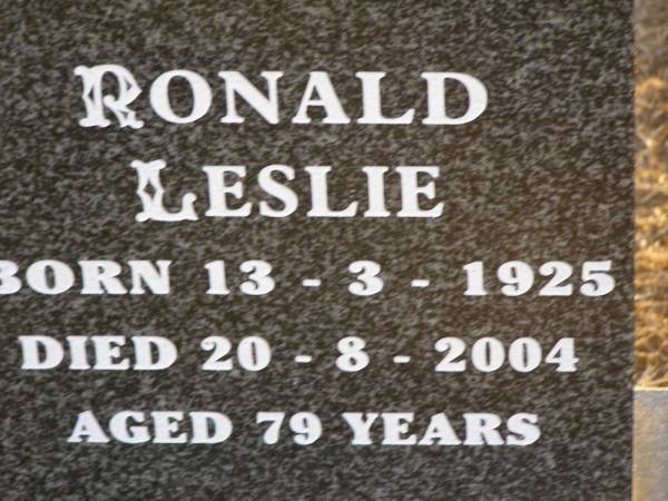 Ronald Leslie ZISCHKE,  | born 13-3-1925,  | died 20-8-2004 aged 79 years;  | Greenwood St Pauls Lutheran cemetery, Rosalie Shire  | 
