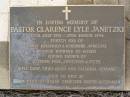 Ernst E. JANETZKI,
husband father,
died 7 July 1959 aged 64 years;
Gertrude JANETZKI,
mother,
died 10 June 1983 aged 89 years;
Pastor Clarence Lyle JANETZKI,
30 July 1931 - 23 March 1994,
fourth son of Ernst Edelfried & Gertrude JANETZKI,
husband of Eileen,
father of Stephen, Paul, Jonathan & Peter,
buried Springhead Lutheran cemetery, South Australia;
Greenwood St Pauls Lutheran cemetery, Rosalie Shire