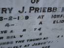 Henry J. PRIEBBENOW,
born 6-2-1895 Highfields,
died 4-7-1962 Helidon;
Greenwood St Pauls Lutheran cemetery, Rosalie Shire