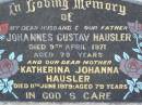 Johannes Gustav HAUSLER,
husband father,
died 9 April 1971 aged 79 years;
Katherina Johanna HAUSLER,
mother,
died 11 June 1979 aged 79 years;
Greenwood St Pauls Lutheran cemetery, Rosalie Shire