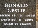Ronald Leslie ZISCHKE,
born 13-3-1925,
died 20-8-2004 aged 79 years;
Greenwood St Pauls Lutheran cemetery, Rosalie Shire