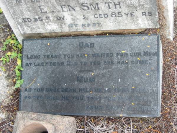 Harry SMITH  | ?th Jun 1959  | 82 yrs  |   | Ellen SMITH  | 25 Nov 1963  | 85 yrs  |   | St Matthew's (Anglican) Grovely, Brisbane  | 