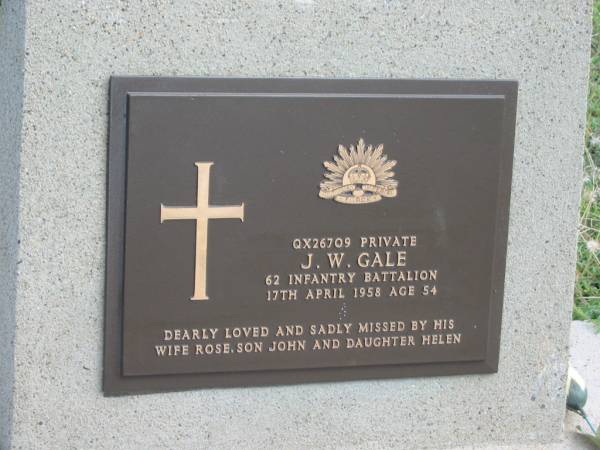 J W GALE  | 17 Apr 1958  | aged 54  |   | St Matthew's (Anglican) Grovely, Brisbane  | 