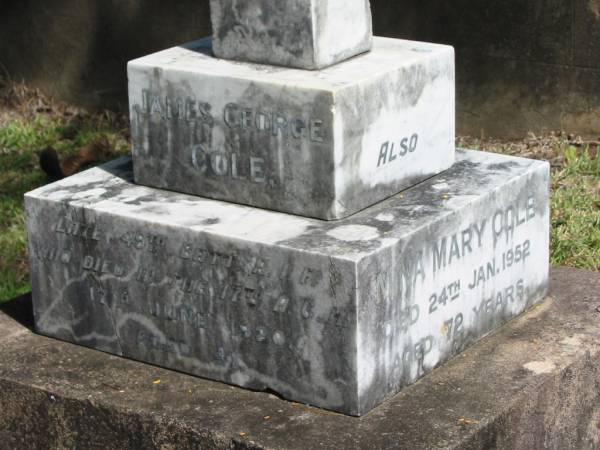 James George COLE  | 17 Jun 1920  | aged 41  |   | Mina Mary COLE  | 24 Jan 1952  | aged 72  | Alfred BROOKER  | late of Surrey England  | 31 Aug 1931  | aged 63 yrs  |   | wife  | Minnie Rose BROOKER  | 5 Oct 1959  | 85 yrs  |   | St Matthew's (Anglican) Grovely, Brisbane  | 