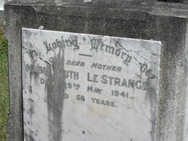 Mabel Ruth LE STRANGE  | 29 May 1941  | aged 56  |   | St Matthew's (Anglican) Grovely, Brisbane  | (LeStrange)  | 