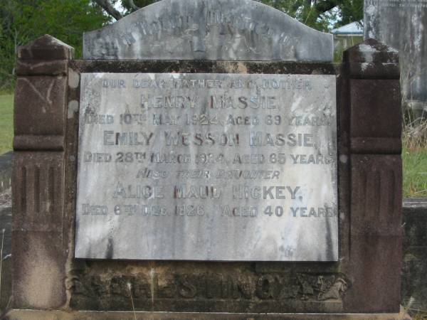 Henry MASSIE  | 10 May 1924  | aged 69  |   | Emily Wesson MASSIE  | 28 Mar 1934  | aged 65  |   | daughter  | Alice Maud HICKEY  | 6 Dec 1926  | aged 40  |   | St Matthew's (Anglican) Grovely, Brisbane  | 