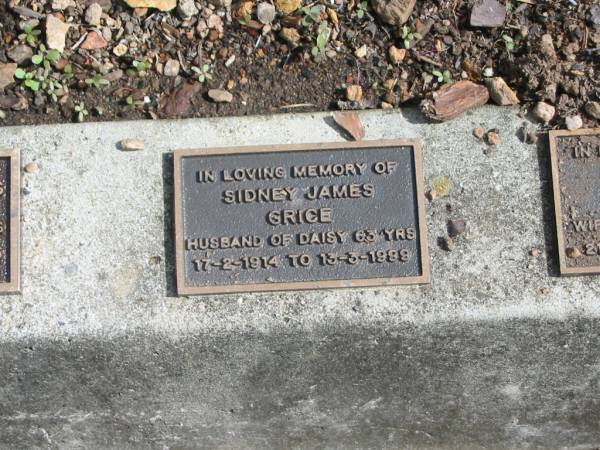 Sidney James GRICE  | husband of Daisy 63 years  | 17-2-1914 to 13-3-1999  |   | St Matthew's (Anglican) Grovely, Brisbane  | 