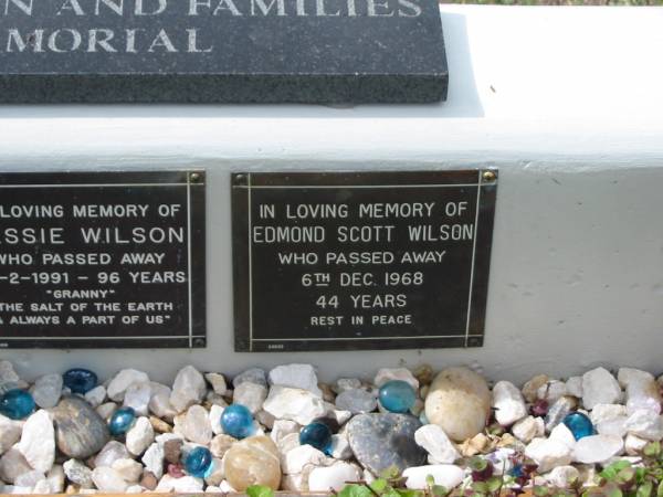 Wilson and families memorial  |   | Clifford Scott WILSON  | 1 Jul 1979  | 83 yrs  |   | Jessie WILSON  | 23-2-1991  | 96 yrs  |   | Edmond Scott WILSON  | 6 Dec 1968  | 44 yrs  |   | St Matthew's (Anglican) Grovely, Brisbane  | 