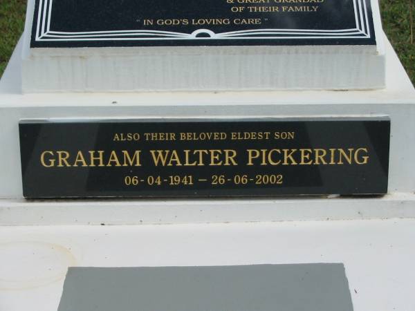 PICKERING  | Kenneth Walter  | B: 10-7-1910  | D: 19-4-1999  | husband of Edith Nellie  |   | eldest son  | Graham Walter PICKERING  | B: 6-4-1941  | D: 26-6-2002  |   | St Matthew's (Anglican) Grovely, Brisbane  | 