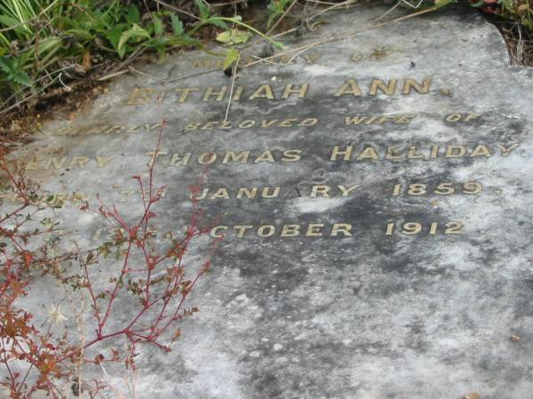 Bithiah Ann  | (wife of Henry Thomas HALLIDAY)  | B: 7 Jan 1859  | D: 18 Oct 1912  |   | St Matthew's (Anglican) Grovely, Brisbane  | 