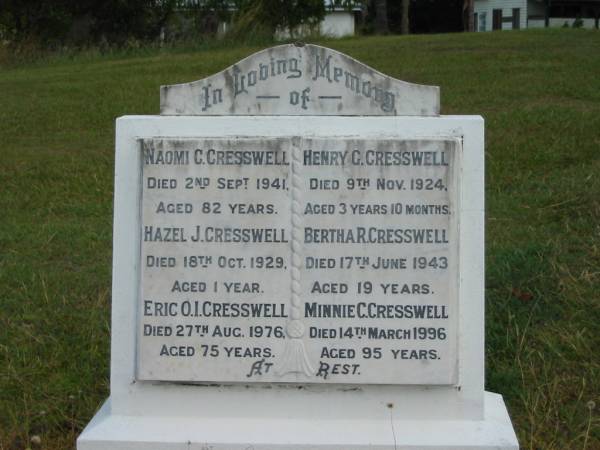 Naomi C CRESSWELL  | 2 Sep 1941  | aged 82  |   | Hazel J CRESSWELL  | 18 Sep 1929  | aged 1 yr  |   | Eric O I CRESSWELL  | 27 Aug 1976  | aged 75  |   | Henry C CRESSWELL  | 9 Nov 1924  | aged 3 yrs 10 mths  |   | Bertha R CRESSWELL  | 17 Jun 1943  | aged 19  |   | Minnie C CRESSWELL  | 14 Mar 1996  | aged 95  |   | St Matthew's (Anglican) Grovely, Brisbane  | 