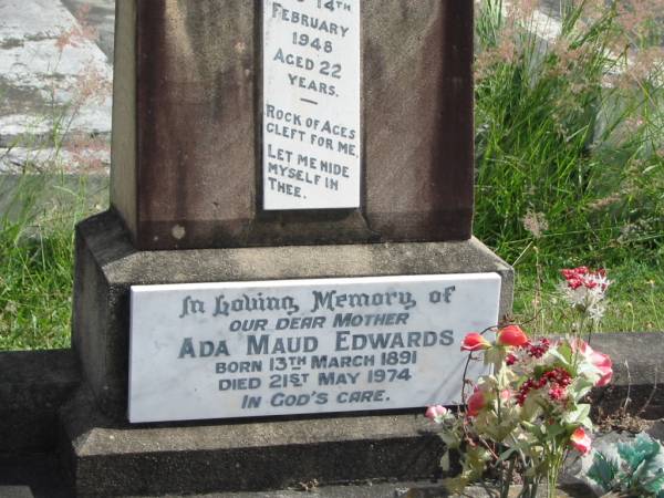 L.A.C. Albert Talbot EDWARDS  | 14 Feb 1948 aged 22  |   | Ada Maud EDWARDS  | B:13 Mar 1891  | D: 21 May 1974  |   | St Matthew's (Anglican) Grovely, Brisbane  | 
