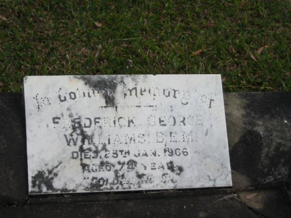Frederick George WILLIAMS B.E.M.  | 25 Jan 1966  | 74 yrs  |   | St Matthew's (Anglican) Grovely, Brisbane  | 