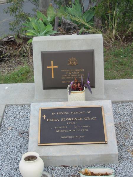F W GRAY  | 18 Mar 1976  | aged 62  |   | Eliza Florence GRAY (Flo)  | 4-3-1917 to 21-1-2000  | (wife of Fred)  |   | St Matthew's (Anglican) Grovely, Brisbane  | 