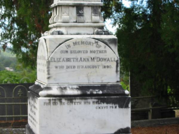 John McDOWALL  | 23 Feb 1873  | aged 63  |   | son  | John FOSTER  | 17 Feb 1868  | aged 10  |   | Dora Jane McDOWALL  | 18 Aug 1894  | aged 38  |   | Mary Ann McDOWALL  | 21 Aug 1894  | aged 44  |   | Elizabeth Ann McDOWALL  | 11 Aug 1890  |   | second son  | James William  | B: 5 Nov 1849  | D: 15 Jul 1890  |   | Ambrose McDOWALL  | B: 20 Mar 1853  | D: 16 Dec 1911  |   | St Matthew's (Anglican) Grovely, Brisbane  | 