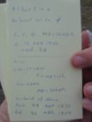 Albertina (beloved wife of) C.F.H. MEISSNER
d: 15 Feb 1900, aged 64
also Christian Friedrich Hermann MEISSNER
(husband of above)
b: 29 Sep 1835, d: 30 Mar 1905
Haigslea Lawn Cemetery, Ipswich