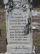 George SIEMON,
died 11 Dec 1908 aged 78 years;
Catherine, wife of George SIEMON,
born 17 Oct 1845 died 1 May 1923;
William SIEMON,
died 14 Oct 1886 aged 23 years;
Albert SIEMON,
died 5 Jan 1890 aged 3 years;
Conrad SIEMON,
died 4 Aug 1898 aged 60 years;
Mary SIEMON,
died 25 Nov 1914 aged 26 years;
George Henry SIEMON,
died 22 March 1927 aged 62 years;
Haigslea Lawn Cemetery, Ipswich