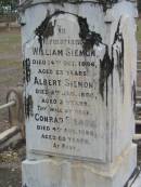 George SIEMON,
died 11 Dec 1908 aged 78 years;
Catherine, wife of George SIEMON,
born 17 Oct 1845 died 1 May 1923;
William SIEMON,
died 14 Oct 1886 aged 23 years;
Albert SIEMON,
died 5 Jan 1890 aged 3 years;
Conrad SIEMON,
died 4 Aug 1898 aged 60 years;
Mary SIEMON,
died 25 Nov 1914 aged 26 years;
George Henry SIEMON,
died 22 March 1927 aged 62 years;
Haigslea Lawn Cemetery, Ipswich