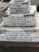Mary
(daughter of H and A) MULLER
19 May 1910, aged 19
Hermann MULLER
10 Jan 1913, aged 68
Annie G MULLER
30 Mar 1936, aged 87
William EVERHARDT
2 Aug 1972, aged 84
Annie C MULLER
2 Oct 1962 aged 81
Haigslea Lawn Cemetery, Ipswich
