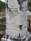 Norman Frederick KREIS
3 May 1922, aged 19
Conrad KREIS
27 Jul 1950, aged 89
Catherine KREIS
1 Aug 1959, aged 96
Haigslea Lawn Cemetery, Ipswich