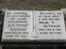 A H Peter ALTHAUS
18 Aug 1984, aged 85
Irene V ALTHAUS
4 Nov 1951, aged 50
Haigslea Lawn Cemetery, Ipswich
