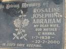 Rosaline Josephine ABRAHAM
b: 1 Jul 1938, d: 22 Feb 2000
Haigslea Lawn Cemetery, Ipswich