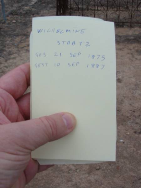 Wilhelmine STAATZ  | b: 21 Sep 1875, d: 10 Sep 1887  | Haigslea Lawn Cemetery, Ipswich  | 