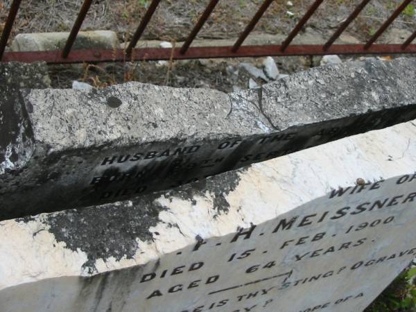 Albertina (beloved wife of) C.F.H. MEISSNER  | d: 15 Feb 1900, aged 64  | also Christian Friedrich Hermann MEISSNER  | (husband of above)  | b: 29 Sep 1835, d: 30 Mar 1905  | Haigslea Lawn Cemetery, Ipswich  | 