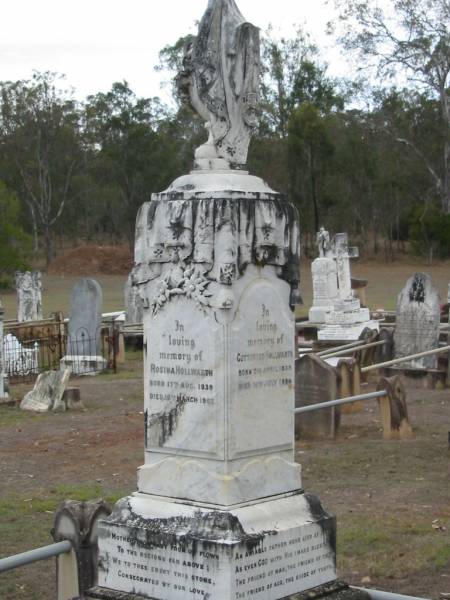 Rosina HOLLWARTH,  | born 17 Aug 1839 died 16? March 1907;  | Gottfried HOLLWARTH,  | born 2 April 1839 died 10 July 1890;  | Haigslea Lawn Cemetery, Ipswich  | 