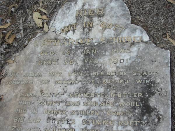 Katharine SCHUBEL  | b: 14 Jan 1863, d: 26 Feb 1901  | Carl SCHUBEL  | b: 12 Jul1851, d: 1 Feb 1906  | Haigslea Lawn Cemetery, Ipswich  | 