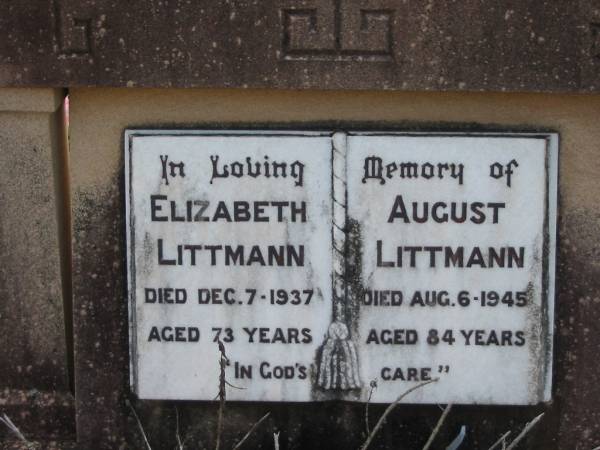 Elizabeth LITTMANN  | 7 Dec 1937, aged 73  | August LITTMANN  | 6 Aug 1945, aged 84  | Haigslea Lawn Cemetery, Ipswich  | 
