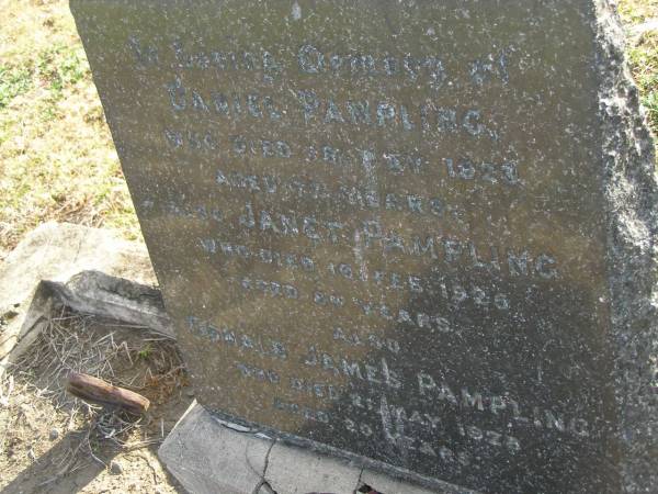 Daniel PAMPLING  | d: 18 May 1923, aged 77  | Janet PAMPLING  | d: 10 Feb 1926, aged 84  | Donald James PAMPLING  | d: 21 May 1928, aged 20  | Charlotte PAMPLING  | d: 10 Mar 1951, aged 58 years 11 months  | Harrisville Cemetery - Scenic Rim Regional Council  | 