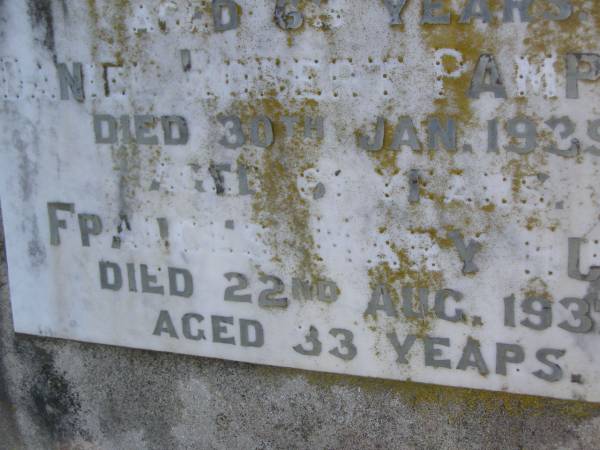 Frances Mary PAMPLING  | d: 17 Feb? 1942 aged 66  | Daniel Robert PAMPLING  | d: 30 Jan 1939 aged 66?  | Frances Mary MUNT  | D: 22 Aug 1937, aged 33  | Harrisville Cemetery - Scenic Rim Regional Council  | 