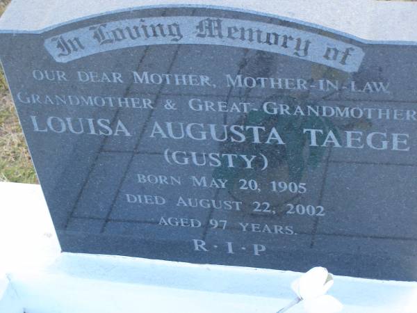 Louisa Augusta TAEGE (Gusty)  | b: 20 May 1905, d: 22 Aug 2002, aged 97  | Harrisville Cemetery - Scenic Rim Regional Council  | 
