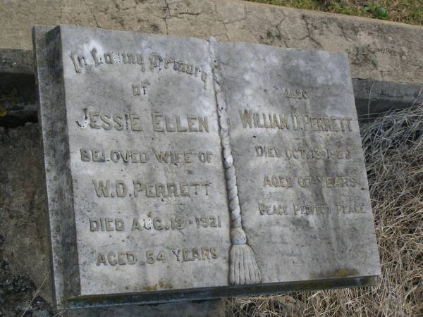 Jessie Ellen (PERRETT)  | (wife of W.D.PERRETT  | d: 12 Aug 1921, aged 54  | William D PERRETT  | d: 13 Oct 1929, aged 67  | Harrisville Cemetery - Scenic Rim Regional Council  | 
