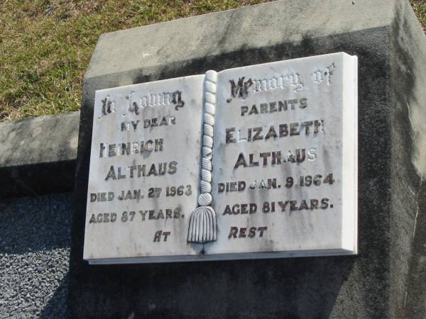 Heinrich ALTHAUS  | d: 27 Jan 1963, aged 87  | Elizabeth ALTHAUS  | d: 9 Jan 1964, aged 81  |   | Howard Leslie Philip WILLIAMS  | b: 1906, d: 1995  | Elsie Evelyn WILLIAMS (nee ALTHAUS)  | b: 1914 d: 1989  |   | Harrisville Cemetery - Scenic Rim Regional Council  |   | 