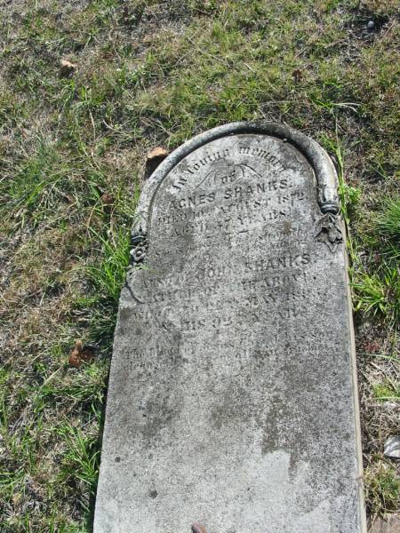 Agnes SHANKS  | d: 10 Aug 1872, aged 47  | John SHANKS  | (?? of the above)  | d: 2 May 188? in his 93 year  | Harrisville Cemetery - Scenic Rim Regional Council  |   | 