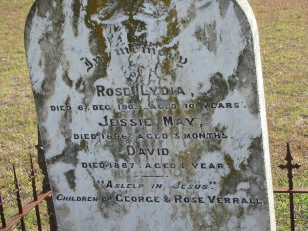 Rose Lydia (VERRALL)  | d: 6 Dec 1903, aged 10 years  | Jessie May (VERRALL)  | d: 1896, aged 3 months  | David (VERRALL)  | d: 1887 aged 1 year  | children of George and Rose VERRALL  | Harrisville Cemetery - Scenic Rim Regional Council  |   | 