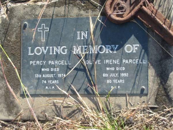 Percy PARCELL  | d: 13 Aug 1974, aged 74  | Olive Irene PARCELL  | d: 8 Jul 1992 aged 80 years  |   | Harrisville Cemetery - Scenic Rim Regional Council  | 