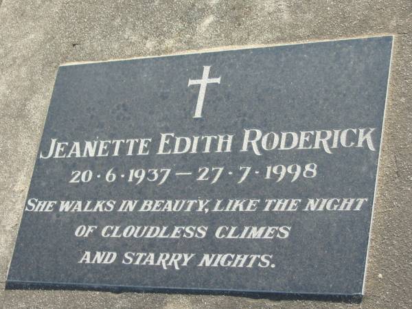 Peter Charles RODERICK  | b: 3 Oct 1963, d: 25 Aug 1989  |   | Jeanette Edith RODERICK  | b: 20 Jun 1937, d: 27 Jul 1998  |   | Donald Charles RODERICK  | b: 10 Jun 1934, d: 29 Nov 2004  |   | Harrisville Cemetery - Scenic Rim Regional Council  | 