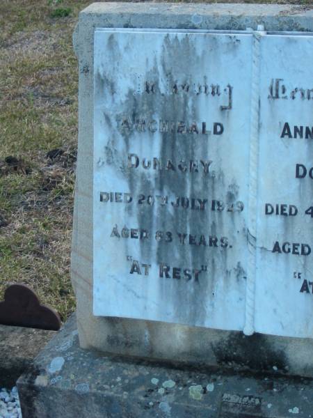 Archibald DONAGEY  | d: 20 Jul 1929, aged 83  | Anna Miller DONAGHY  | d: 4 Jul 1935, aged 83  |   | Harrisville Cemetery - Scenic Rim Regional Council  | 