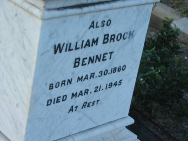 Catharina (BENNET)  | wife of W.B. BENNET  | daughter of J ALTHAUS  | b: 9 Mar 1870  | d: 15 Sep 1905  | Anna C BENNET  | wife of W.B. BENNET  | b: 15 Jun 1872  | d: 4 Oct 1946  | William Brock BENNET  | b: 30 Mar 1860  | d: 21 Mar 1945  |   | Harrisville Cemetery - Scenic Rim Regional Council  | 