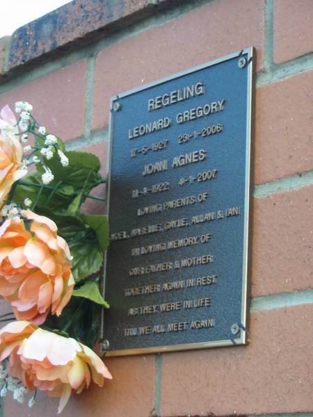 Leonard Gregory REGELING  | b: 17 May 1927, d: 23 Jan 2006  | Joan Agnes REGELING  | b: 11 Apr 1922, d: 4 Jan 2007  | parents of Noel, Narelle, Gayle, Allan and Ian  |   | Harrisville Cemetery - Scenic Rim Regional Council  | 