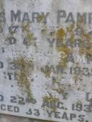 
Frances Mary PAMPLING
d: 17 Feb? 1942 aged 66
Daniel Robert PAMPLING
d: 30 Jan 1939 aged 66?
Frances Mary MUNT
D: 22 Aug 1937, aged 33
Harrisville Cemetery - Scenic Rim Regional Council
