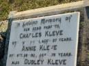 
Charles KLEVE
d: 1 Jun 1941, aged 87
Annie KLEVE
d: 30 Oct 1931, aged 75
Dudley KLEVE
d: 11 Apr 1922, aged 3 yrs 7 mths

Harrisville Cemetery - Scenic Rim Regional Council
