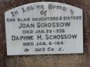
Joan SCHOSSOW
d: 25 Jan 1938
Daphne H SCHOSSOW
d: 6 Jan 1946

Harrisville Cemetery - Scenic Rim Regional Council
