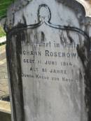 Johann ROSENOW, died 11 June 1914 aged 81 years;
St Pauls Lutheran Cemetery, Hatton Vale, Laidley Shire