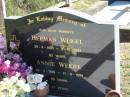 parents;
Hermann WEIGEL, 29-4-1900 - 3-10-1993, 93 years;
Annie WEIGEL, 29-3-1899 - 17-8-1994, 95 years;
St Pauls Lutheran Cemetery, Hatton Vale, Laidley Shire